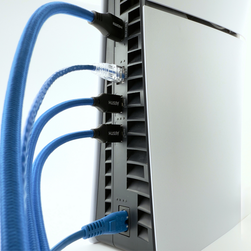 Playstation 5 with blue braided cables